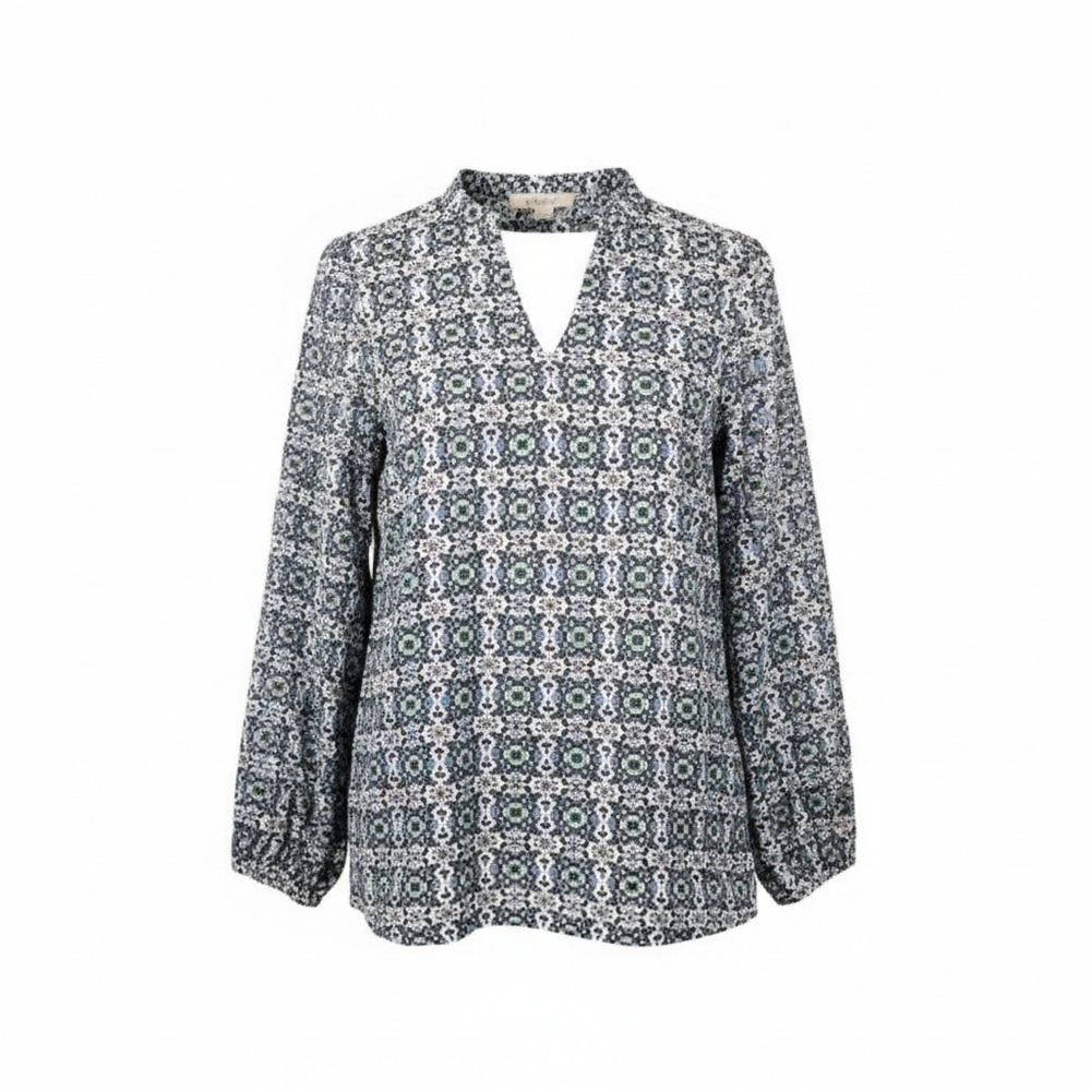 Boden Notch Neck Top Womens 10 Geometric Tile Print Coastal Preppy Boho Modern